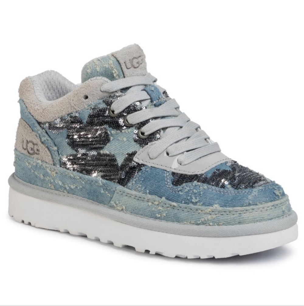 NEW UGG Highland Heritage Star Sequin Distressed Denim Suede Sneakers Blue Sz 10